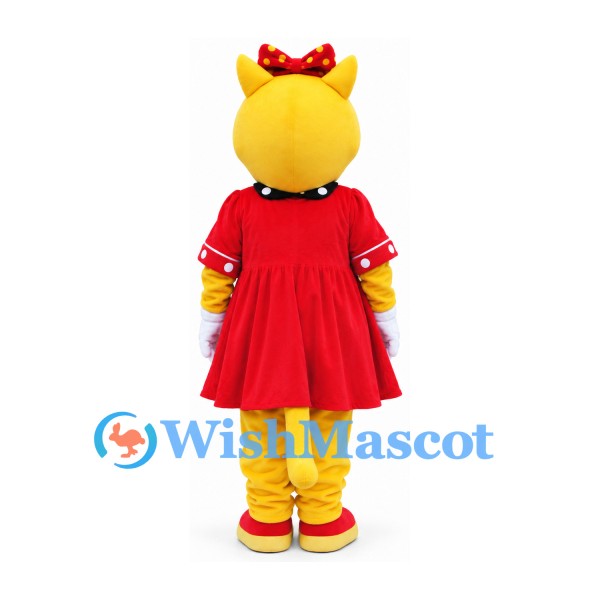 Cat Mascot Costume in Yellow with Red Dress and Bow