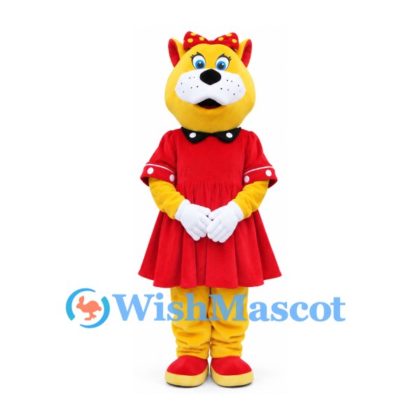 Cat Mascot Costume in Yellow with Red Dress and Bow