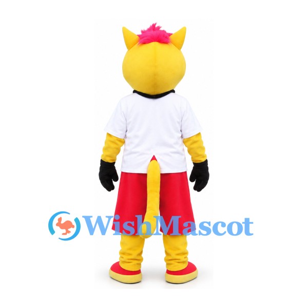 Cat Mascot Costume in Yellow with White Shirt and Red Shorts