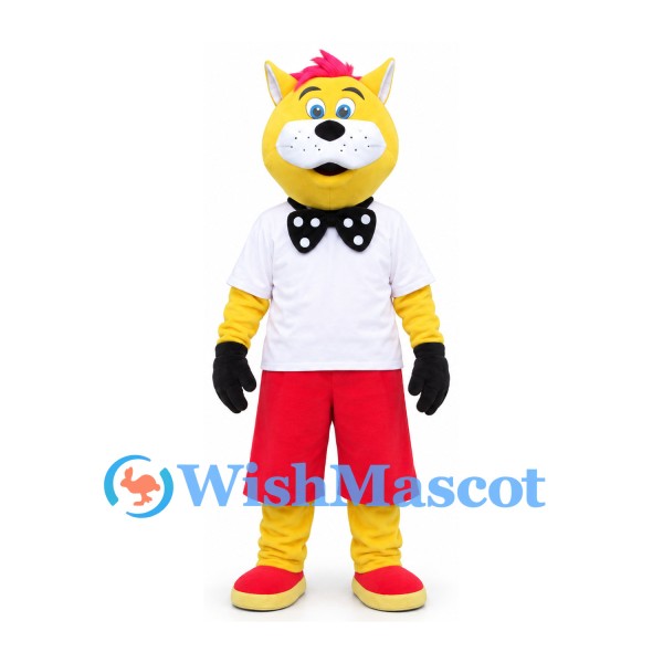 Cat Mascot Costume in Yellow with White Shirt and Red Shorts