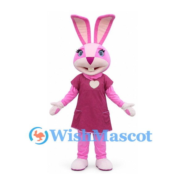 Rabbit Mascot Costume in Pink with Burgundy Dress