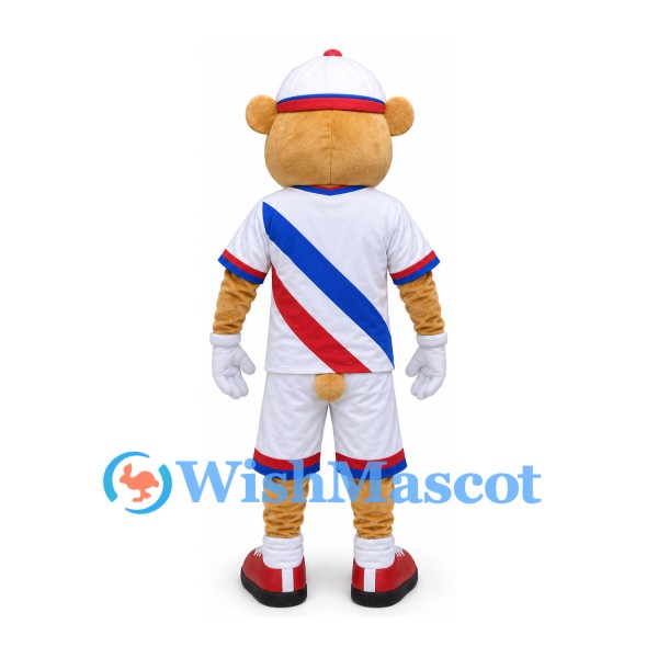 Tiger Mascot Costume with White Sports Uniform and Red Blue Sash