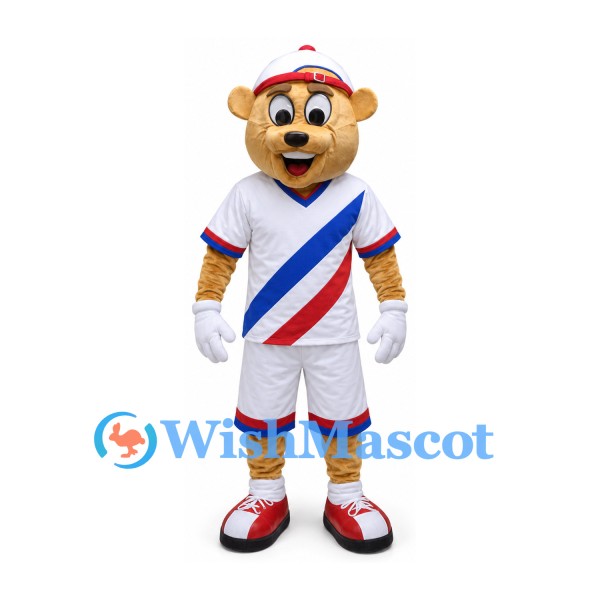 Tiger Mascot Costume with White Sports Uniform and Red Blue Sash