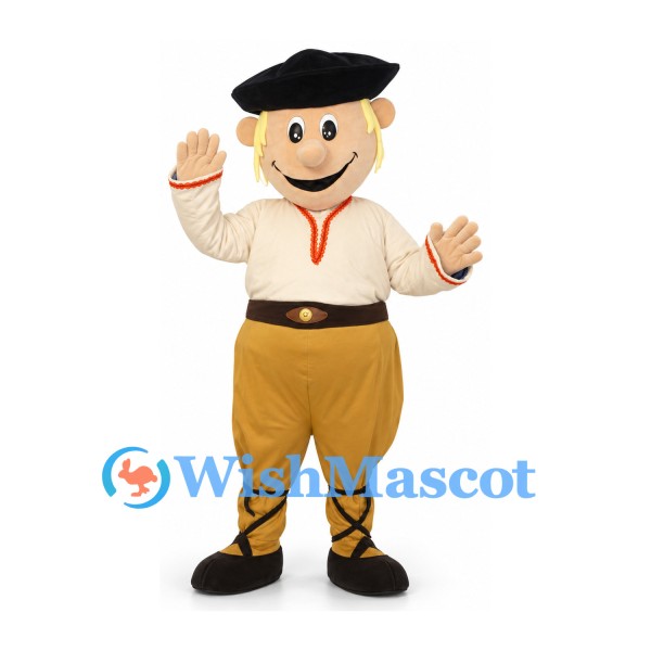 Storybook Boy Mascot Costume with Black Beret and Brown Pants