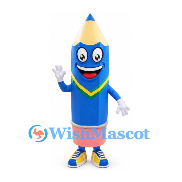 Pencil Mascot Costume in Blue with Green and Yellow Neckline