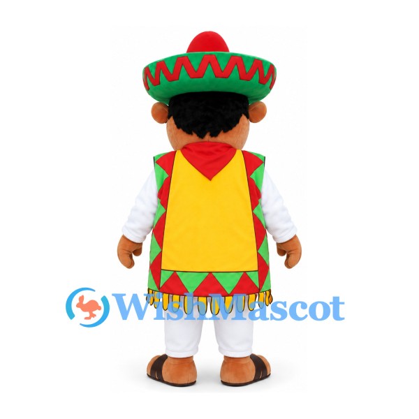 Fiesta Musician Mascot Costume with Sombrero and Yellow Poncho