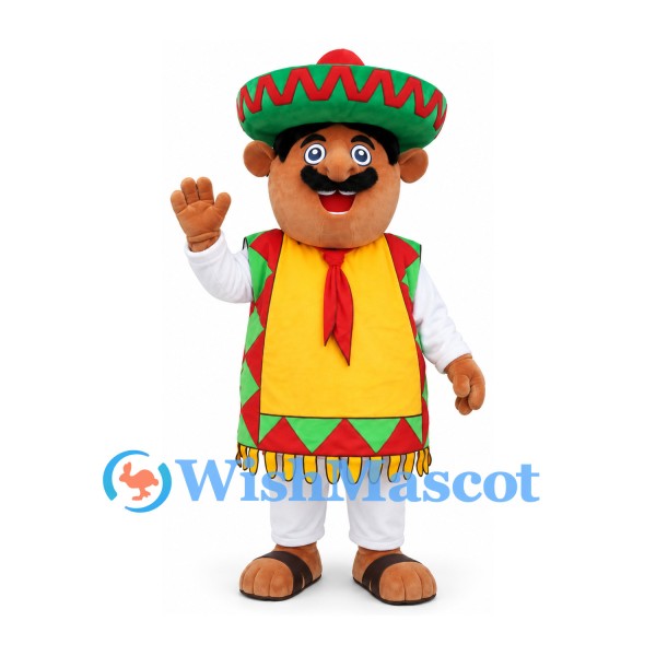 Fiesta Musician Mascot Costume with Sombrero and Yellow Poncho