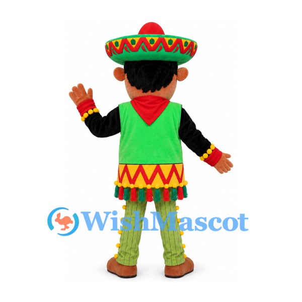 Fiesta Musician Mascot Costume with Sombrero and Green Poncho