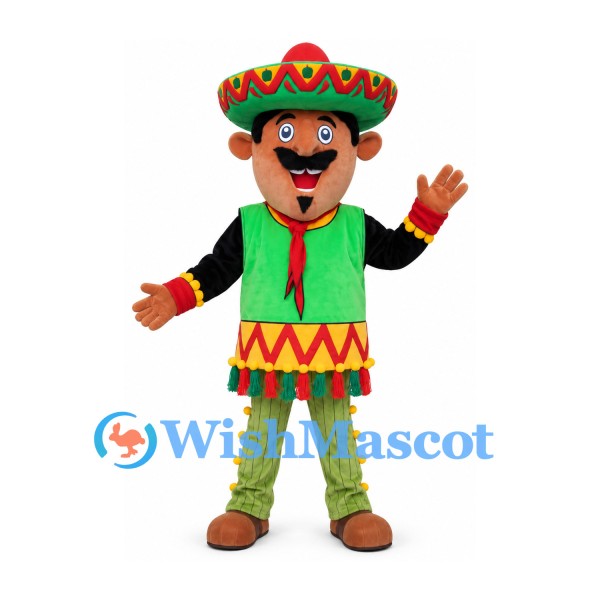 Fiesta Musician Mascot Costume with Sombrero and Green Poncho