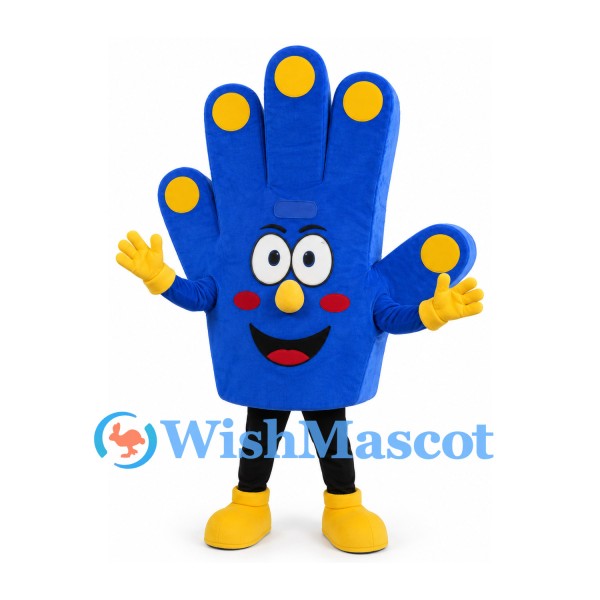 Hand Mascot Costume in Blue with Yellow Fingertips and Shoes