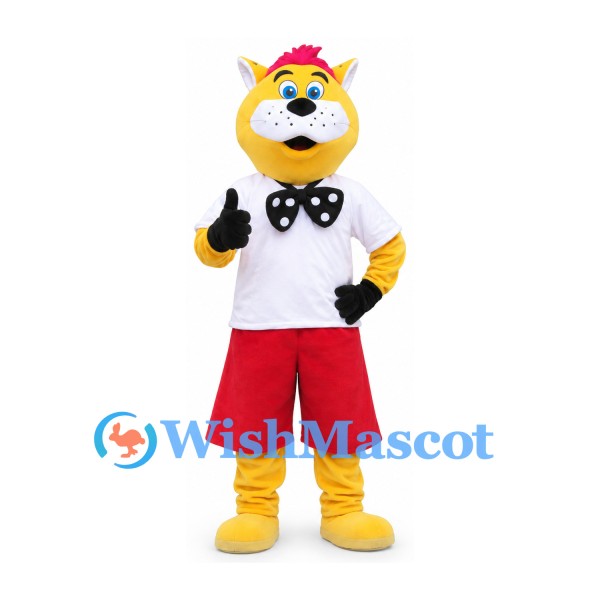 Cat Mascot Costume in Yellow with Red Shorts and Black Bow Tie