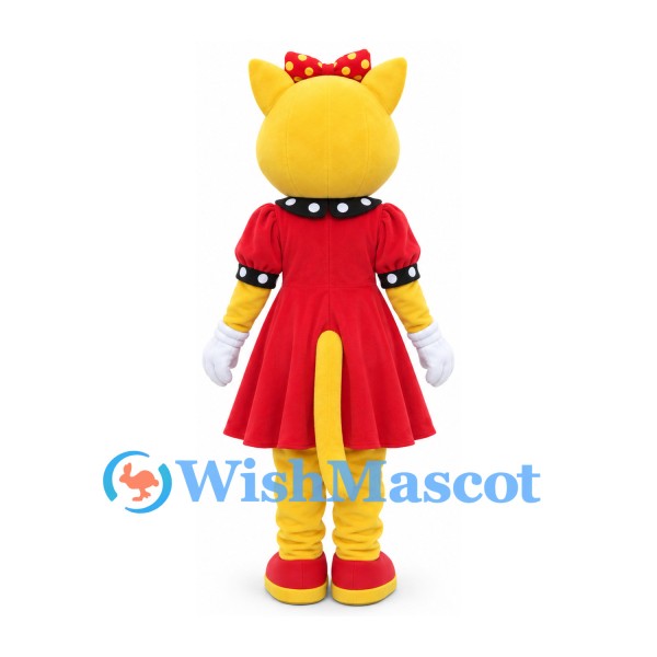 Cat Mascot Costume in Yellow with Red Dress and Black Collar
