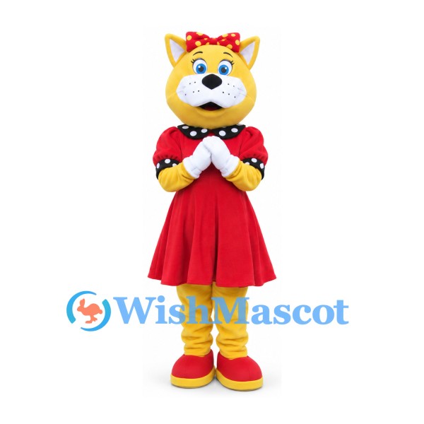 Cat Mascot Costume in Yellow with Red Dress and Black Collar