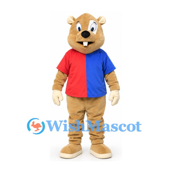 Beaver Mascot Costume with Red and Blue Shirt