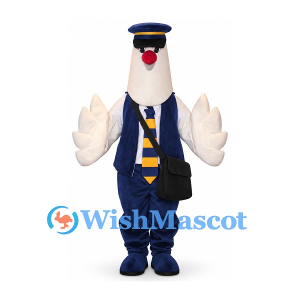Goose Mascot Costume with Navy Uniform and Shoulder Bag