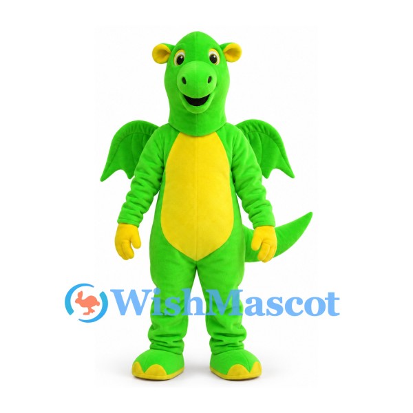 Dragon Mascot Costume in Green with Yellow Belly and Wings