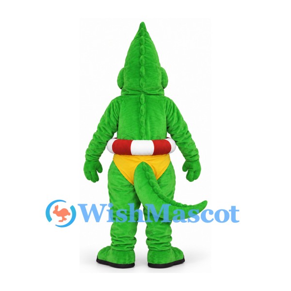 Crocodile Mascot Costume with Yellow Swim Briefs and Red White Ring