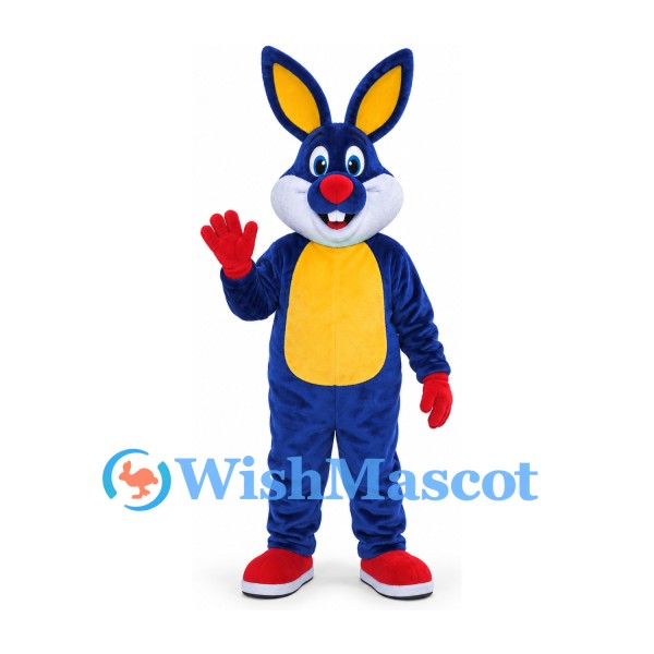Rabbit Mascot Costume in Navy with Yellow Belly and Red Gloves