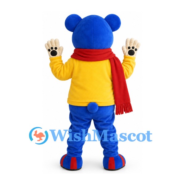 Bear Mascot Costume in Blue with Yellow Shirt and Red Scarf