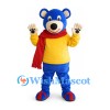 Bear Mascot Costume in Blue with Yellow Shirt and Red Scarf