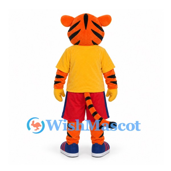 Tiger Mascot Costume in Orange with Yellow Shirt and Red Shorts
