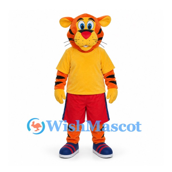 Tiger Mascot Costume in Orange with Yellow Shirt and Red Shorts