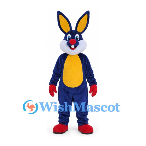 Rabbit Mascot Costume in Blue with Yellow Belly and Red Shoes
