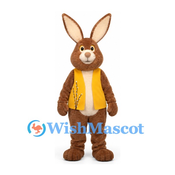 Rabbit Mascot Costume in Brown with Yellow Vest