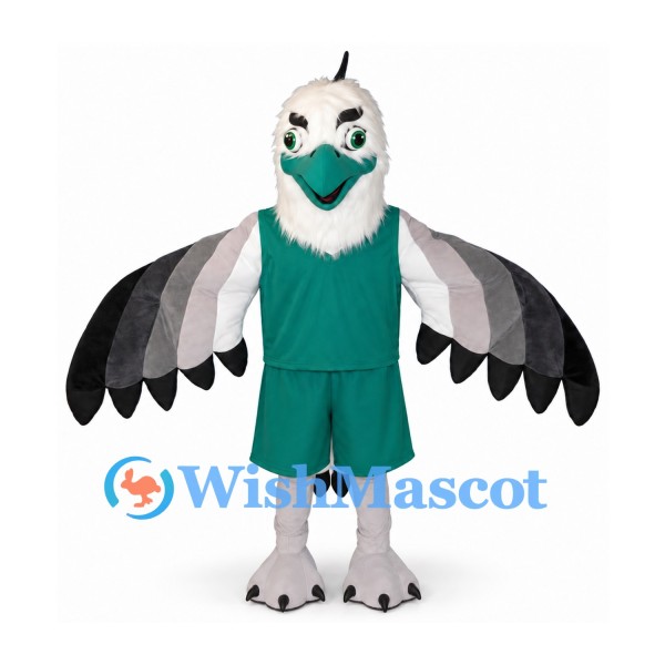Eagle Mascot Costume with Teal Sports Uniform and Gray Wings