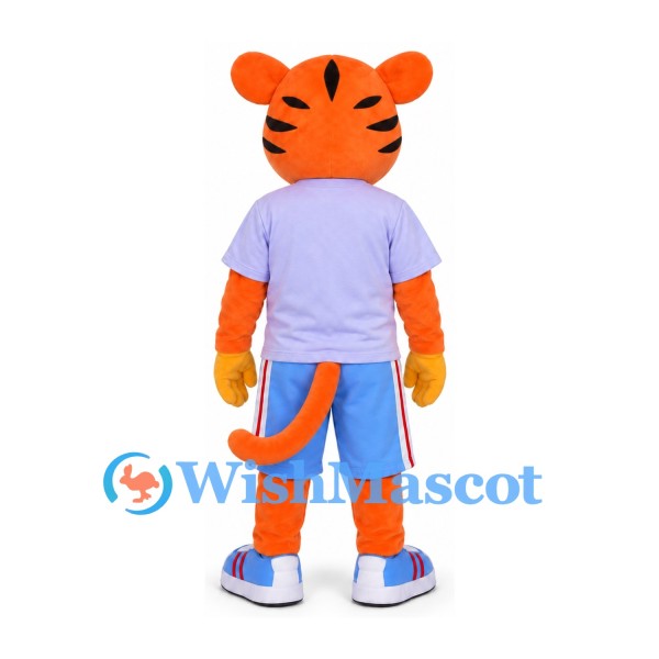 Tiger Mascot Costume with Lavender Shirt and Blue Shorts