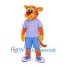 Tiger Mascot Costume with Lavender Shirt and Blue Shorts