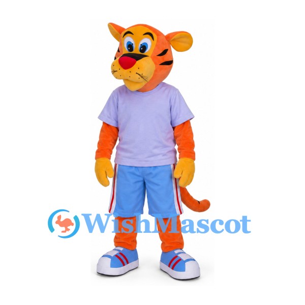 Tiger Mascot Costume with Lavender Shirt and Blue Shorts