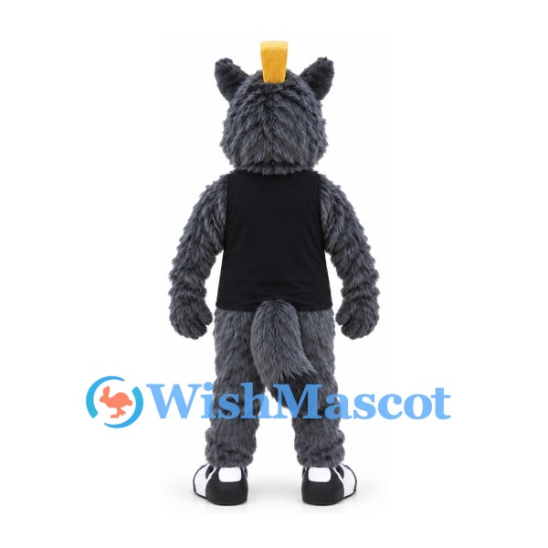 Wolf Mascot Costume in Gray with Black Shirt and Yellow Crest