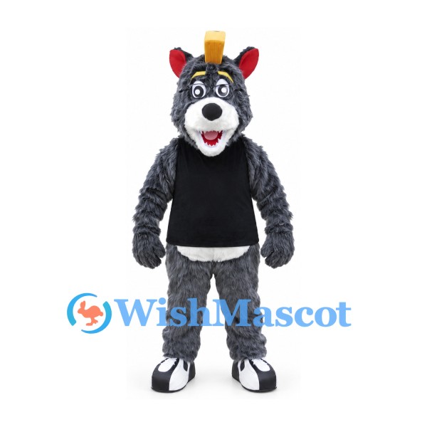 Wolf Mascot Costume in Gray with Black Shirt and Yellow Crest