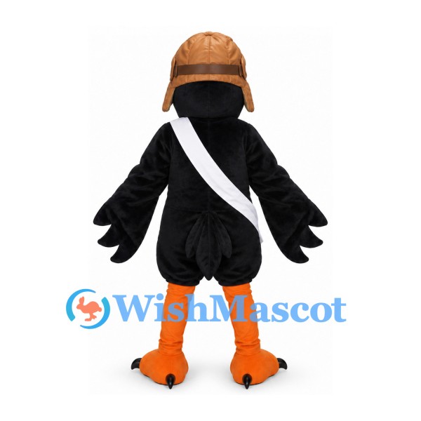 Crow Mascot Costume with Brown Helmet and White Sash