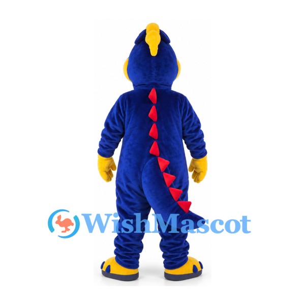 Dinosaur Mascot Costume in Blue with Yellow Belly and Red Spikes