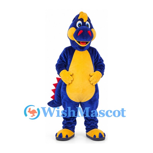 Dinosaur Mascot Costume in Blue with Yellow Belly and Red Spikes