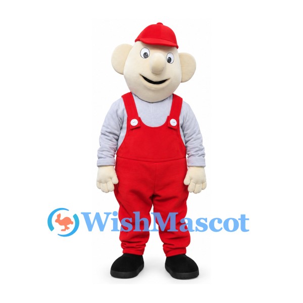 Mouse Mascot Costume with Red Cap and Overalls