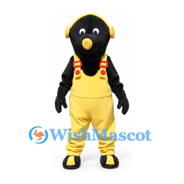 Mole Mascot Costume in Black with Yellow Overalls