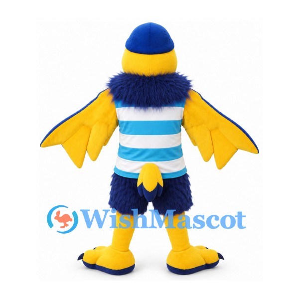Bird Mascot Costume in Blue and Yellow with Striped Shirt