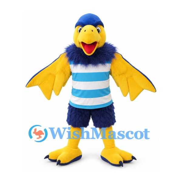Bird Mascot Costume in Blue and Yellow with Striped Shirt