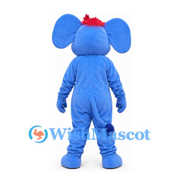 Elephant Mascot Costume in Blue with White Belly and Red Hair