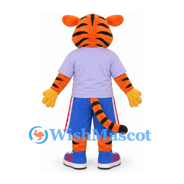 Tiger Mascot Costume with Pale Purple Shirt and Blue Shorts