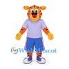 Tiger Mascot Costume with Pale Purple Shirt and Blue Shorts