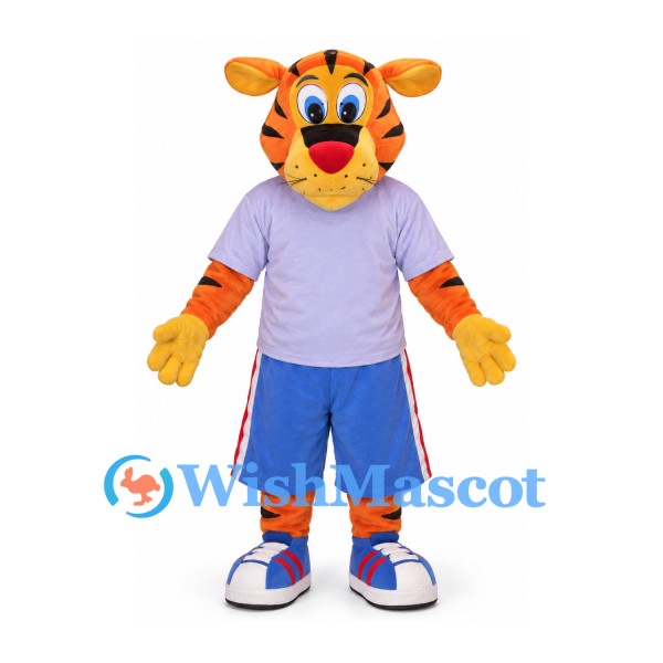 Tiger Mascot Costume with Pale Purple Shirt and Blue Shorts