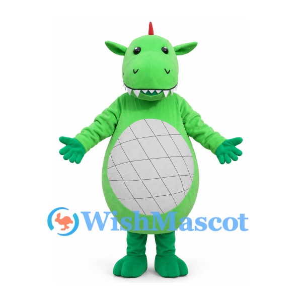 Dragon Mascot Costume in Green with Gray Belly and Red Spikes