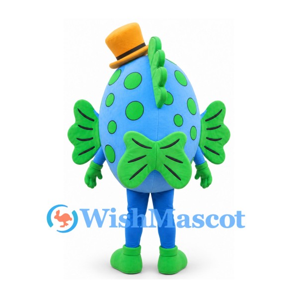 Fish Mascot Costume in Blue with Green Fins and Yellow Hat