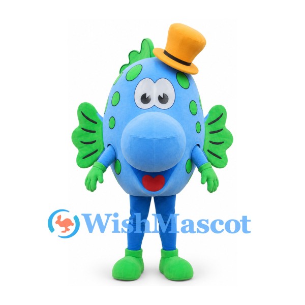 Fish Mascot Costume in Blue with Green Fins and Yellow Hat