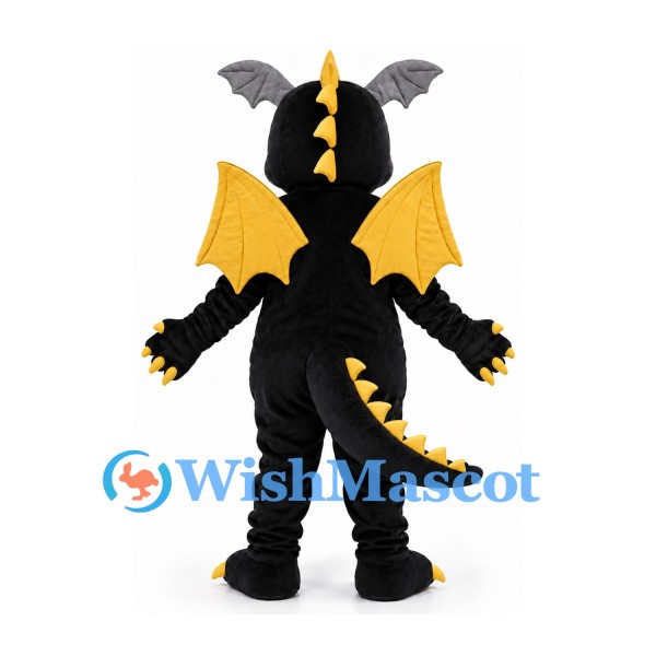 Dragon Mascot Costume in Black with Yellow Wings and Back Spikes