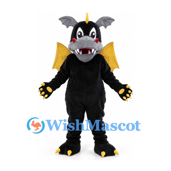 Dragon Mascot Costume in Black with Yellow Wings and Back Spikes